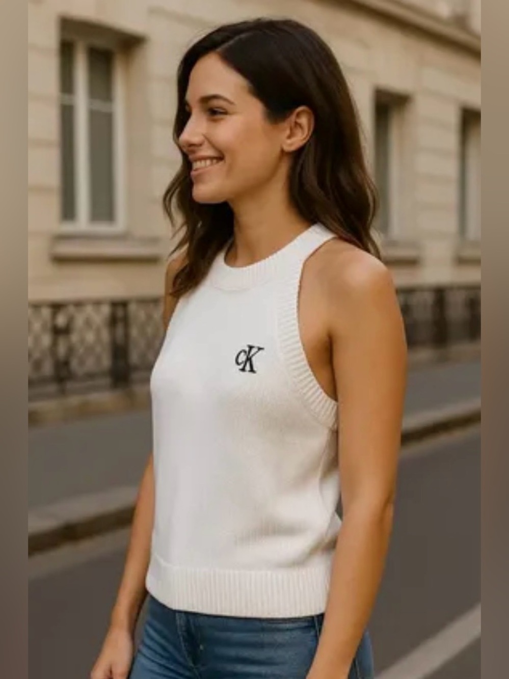 Calvin Klein Jeans White Sleeveless Sweater Knit Tank - L